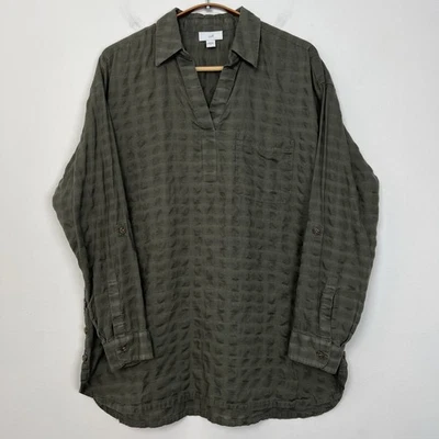 Camisa feminina J Jill pequena verde texturizada botão aba lateral manga longa algodão top - Imagem 1 de 4