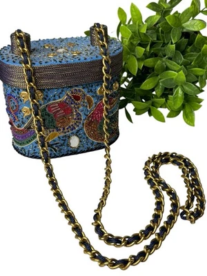 Beaded Box Purse Pair of Love Birds Blue Shoulder Strap Phillipines Mary Frances - Image 1 of 4