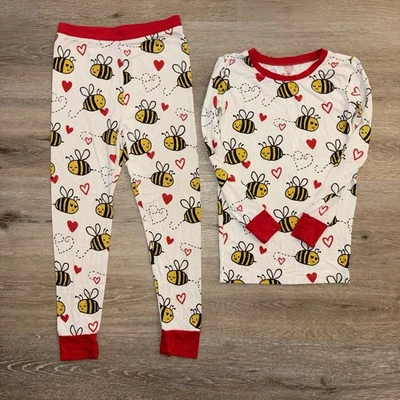 Little Sleepies Bee Mine Pajama Set – Long Sleeve 9/10 White Red Bees Hearts - Image 1 of 4