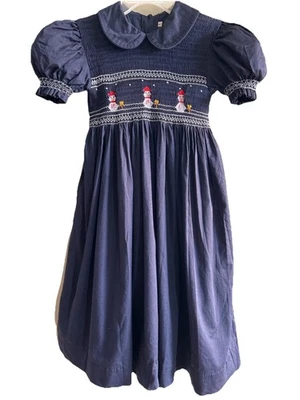 Hecho a mano Niñas Azul Marino Vestido de Navidad Calado Talla 8 Mangas Abullonadas Muñeco de Nieve Emb Foto 1 de 4