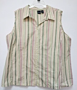Basic Editions Womans 2X Button Up Top Blouse Sleeveless Yellow Green Stripe - Picture 1 of 13
