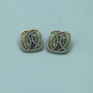 Lisner Plique A Jour Multicolored Stained Glass Fish Square Clip Earrings - Picture 1 of 6