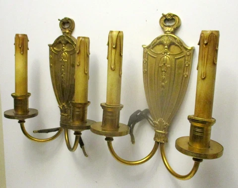 Antique Pair Bronze Georgian Adams Wall Electric SCONCES Shield Edwardian Cover