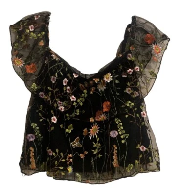 Camisa Top Floral Bordada de Malla Forrada en Negro Usar On/Off Hombro Talla M Foto 1 de 4