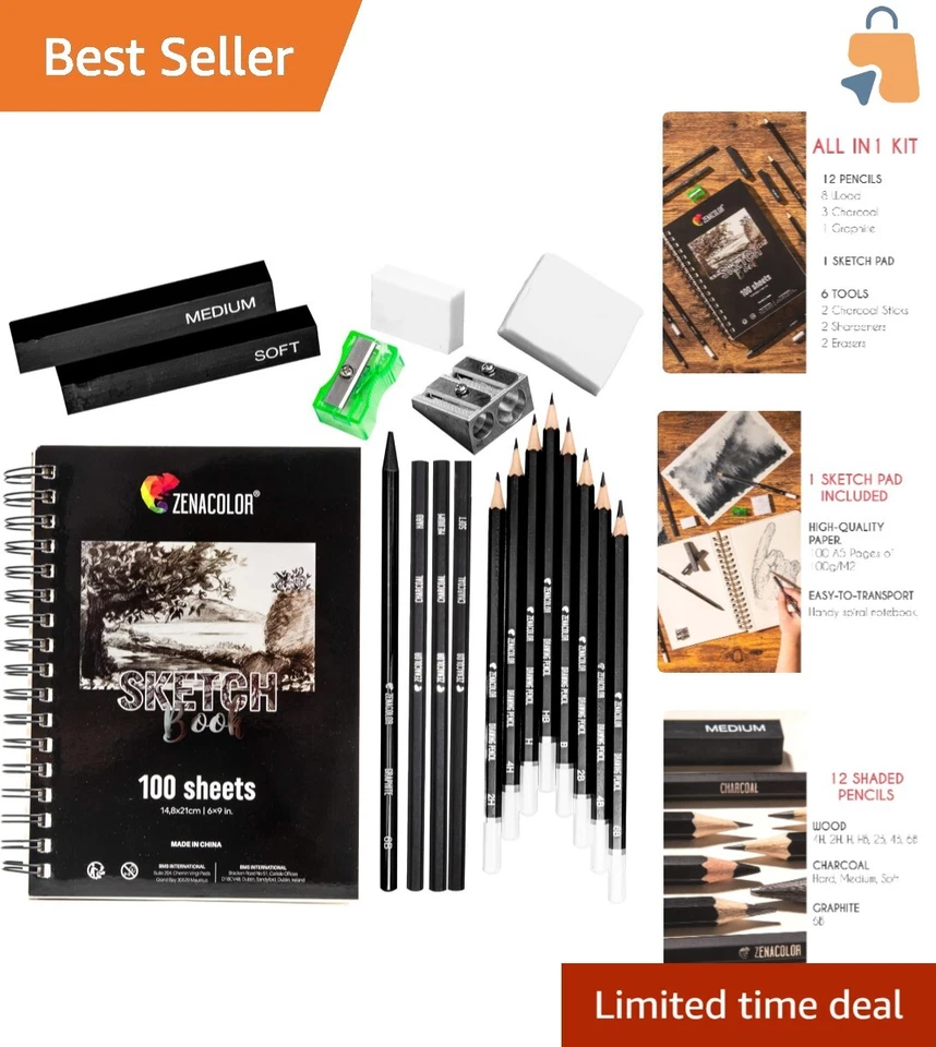 Versátil paquete de cuaderno de bocetos con 100 páginas, lápices de colores y suministros de carbón Foto 1 de 4