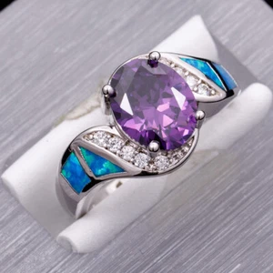 8x10 Oval Simulated Amethyst Blue Fire Opal Silver Jewelry Bypass Ring SZ 7 8 9 - Picture 1 of 24