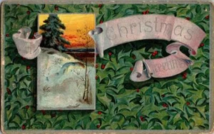 Vintage Weihnachtsgruß geprägt Postkarte grüne Stechpalme Kiefer Szene - Bild 1 von 1