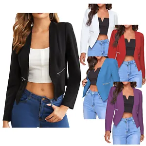Womens Long Sleeve Work Office Crop Blazer Cardigan Open Front Jacket Outerwear