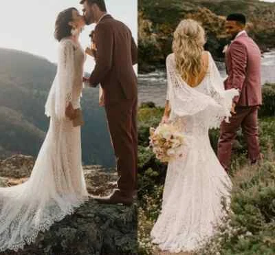 Flare Long Sleeve Bohemian Wedding Dresses V-neck Lace Beach Mermaid Bridal - Image 1 of 4