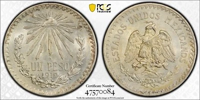 MEXICO ESTADOS UNIDOS 1919  1 PESO SILVER COIN, PCGS CERTIFIED UNCIRCULATED MS62 - Image 1 of 4