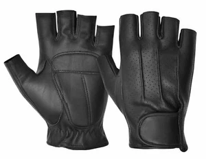 Men Cycling REAL LEATHER Black Dotted Gloves Half Finger Bicycle Fingerless GIFT - Picture 1 of 6