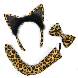 Glitter Leopard Ears, Tail & Bowtie Set Headband Animal Fancy Dress Costume
