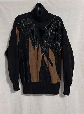 Sweater Affinity By Margo's Sequined Brown/Black 55% Ramie/45% Cotton Size L - Image 1 of 4
