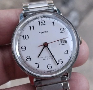 Timex Automatic Men's Wrist Watch date White Dial Working 8.5" Silver Tone 7.5" - Picture 1 of 10