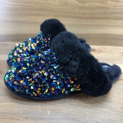 UGG Scuffette Stellar Sequin Slippers Womens 8 Black Shearling Fur - Image 1 of 4