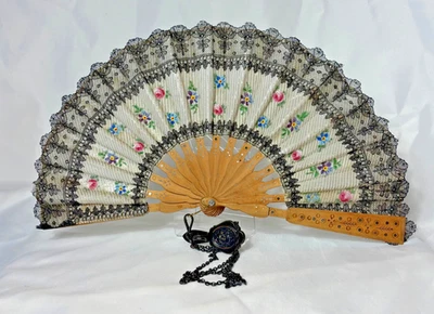 Antique Telescoping Folding Fan White Gauze Black Lace W/ Chatelaine Clip - Image 1 of 4