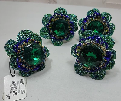 1 NUEVO 3 servilleteros usados Pier 1 cuentas verdes/doradas/azules y diamantes de imitación verdes florales Foto 1 de 4