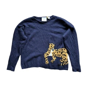 Maeve by Anthropologie 100% Cashmere Intarsia Cheetah Sweater Blue Size Large - Picture 1 of 7