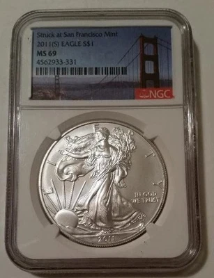 2011 (S) 1 oz Silver Eagle Dollar MS69 NGC Golden Gate Bridge Label - Image 1 of 2