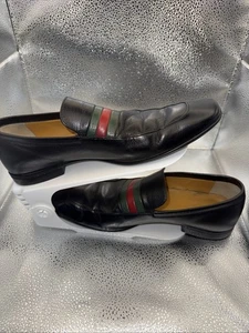 GUCCI Red Green Stripe Black Leather Loafers Size 6 1/2 - Picture 1 of 17