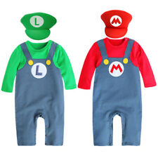Super Mario Bros Baby Romper Jumpsuit Crawling Suit Mario Luigi Costume Hat Set