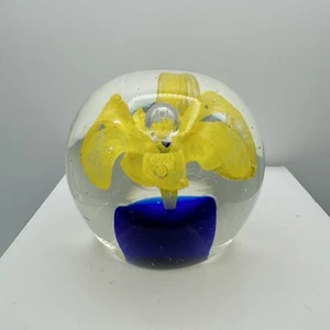 Art Glass Paperweight Blue Yellow Lily Flower Controlled Bubbles Cobalt Base - Picture 1 of 3