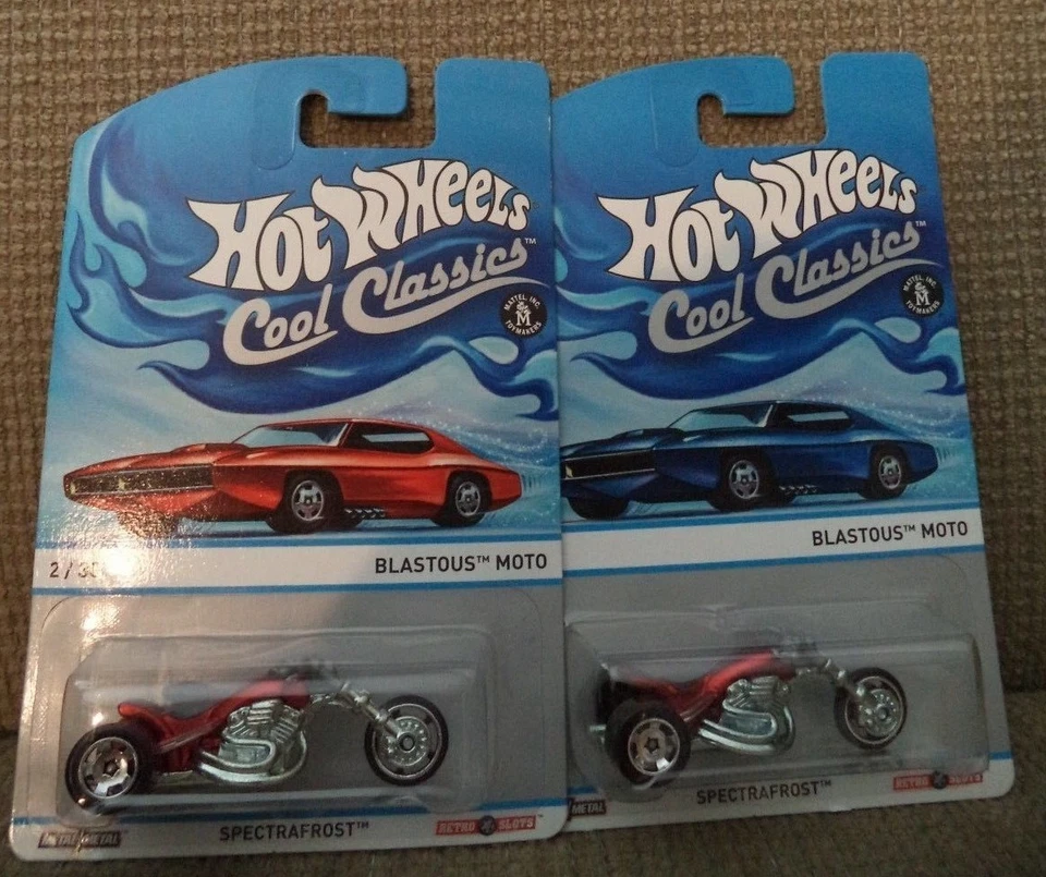 HOT WHEELS COOL CLASSICS BLASTOUS MOTO RED & BLUE CAR CARD 2/30 *NEW* - Image 1 of 1