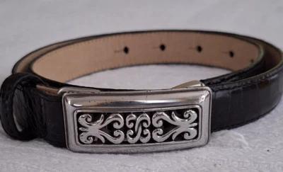 Cinturón vintage de cuero Brighton para mujer negro/croc en relieve/plateado herrajes talla S Foto 1 de 4
