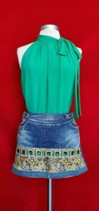 Vintage Just Cavalli Distressed Blue Denim Beaded Mini Skirt Size S - Picture 1 of 7