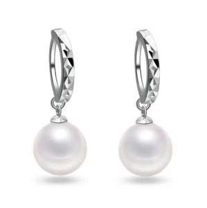 Cream Pearl Diamond Cut Hoop Earrings Sterling Silver 925 28mm - Picture 1 of 1