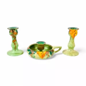 Studio Pottery green chamberstick and 2 matching candlesticks autumn oak leaves - Picture 1 of 12