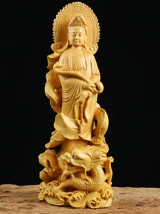 8.8" Art China Buddhism Natural Boxwood Carved Guanyin Bodhisattva Statue - Picture 1 of 10