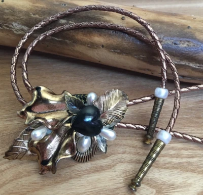 Vintage Black Heart Faux Pearl Assemblage Gold Rope Bolo Tie - Image 1 of 4