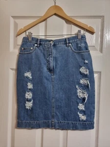 Moschino Couture Ripped Knee Length Distressed Blue Denim Jean Skirt Size UK 10 - Picture 1 of 8