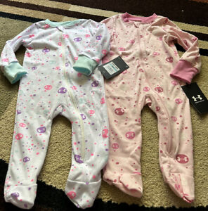 Under Armour Lot Of 2 Baby Girls Sleep & Play Zip-Up Footed Pajamas  6-9M. NWT