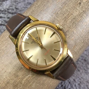 Vtg National Precision Men Gold Tone Leather Mechanical Wind 33mm Watch 7 1/2" - Picture 1 of 12