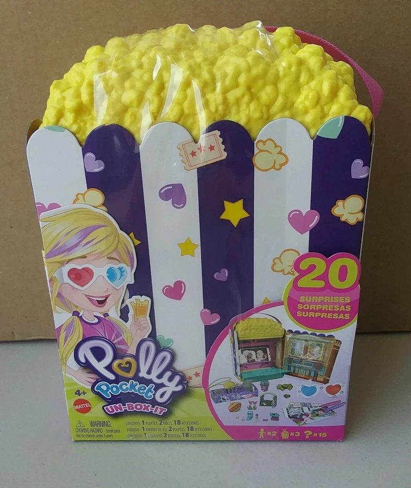 Polly Pocket Un-box-it Playset Movie Theater Theme 2 Dolls 15 Surprises