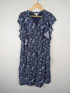 Garnet Hill Kleid Damen groß blau Blumen Lenzing EcoVero Viskose Taschen Boho - Bild 1 von 9