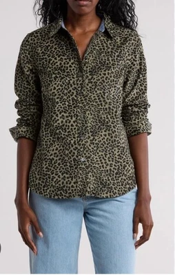 Camisa para mujer Michael Kors negra gris manga larga leopardo botón pana pequeña Foto 1 de 4