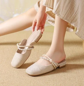 Chic Womens French Sweet Mary Jane Slippers Closed Toe Flat Bottom Pearl Sandal - Picture 1 of 6