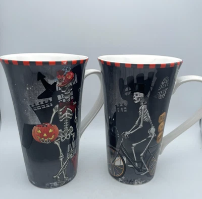 Halloween Bicycle Skeleton Mugs Fashion Floral Skeleton 18oz 222 Fifth S/2 C66 - Image 1 of 4