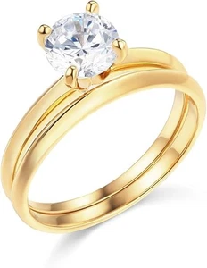 1.30 Ct Round Engagement Ring Set 14K Yellow Gold Matching Band Simulate Diamond - Picture 1 of 7