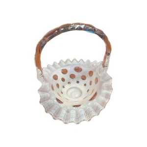 Vintage Fenton Opalescent Moonstone Hobnail Ruffle edge Basket Tall Bridal - Picture 1 of 4