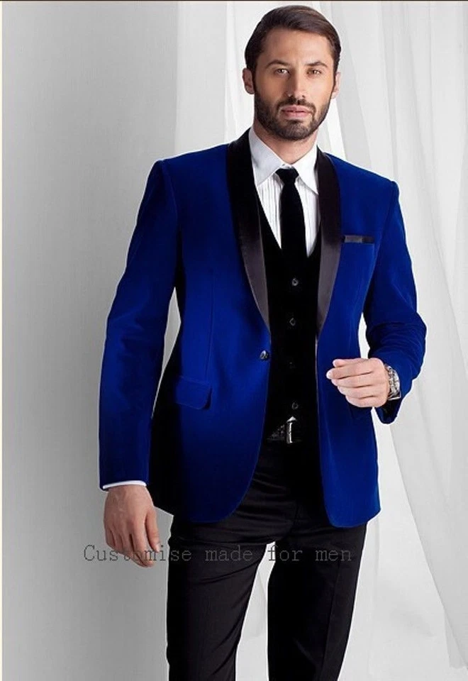 Hombres Azul Terciopelo Abrigo Chaqueta Blazers Diseñador Novios Boda Esmoquin Informal Cena Foto 1 de 1