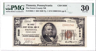 $50 1929 T1 National TIONESTA Pennsylvania PA 🇺🇸 PMG 30 Very Fine! 🇺🇸 - Image 1 of 2