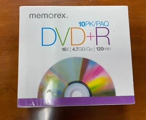 10 Pack Memorex DVD+R Blank Media Discs In Jewel Cases 16x 4.7GB 120 Min - Picture 1 of 3