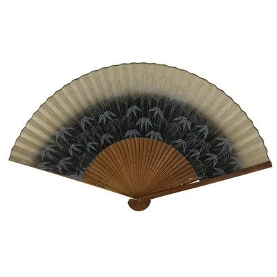 日本纸质折叠风扇 Sensu 复古竹架带叶蓝色米色 4D903 — 第 1/4 张图片