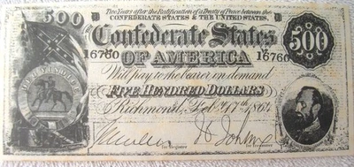 1864 CONFEDERATE States Of America, Vintage $500  Facsimile Note, Nice & Clean - Image 1 of 4