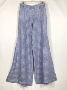 Anthropologie Elevenses Linen Trousers Blue Pinstripe Wide Leg Sz 2 Side Slits - Picture 1 of 12