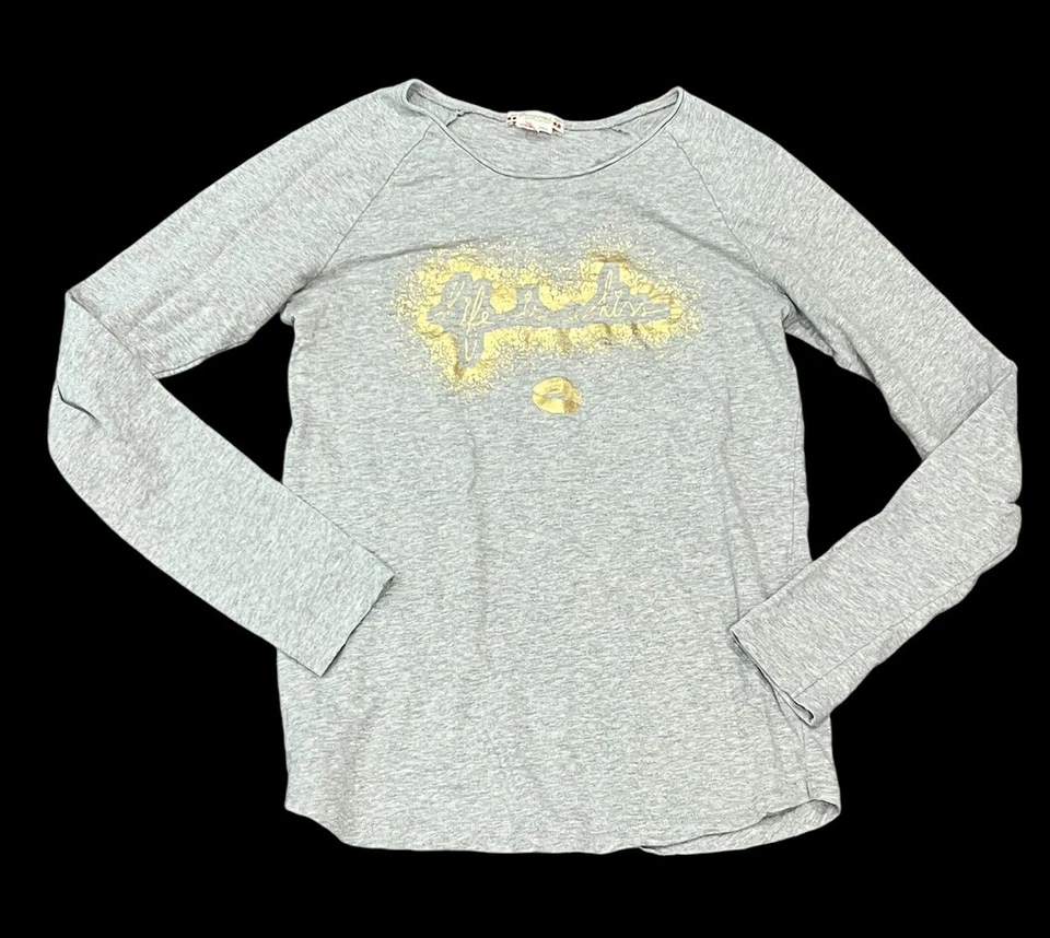 BONPOINT GIRLS LONG SLEEVE GRAY TEE T SHIRT GOLD FOIL LIFE IS A KISS XS 14 - Image 1 of 4